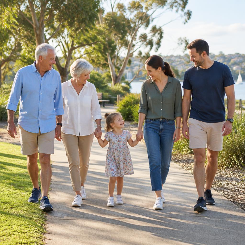Illustrative multigenerational family walk in the park